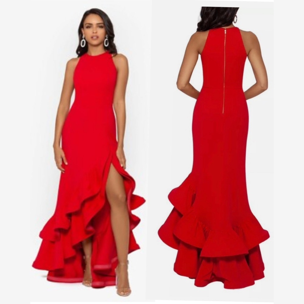 Betsy & Adam Red Ruffled Halter Prom Gown